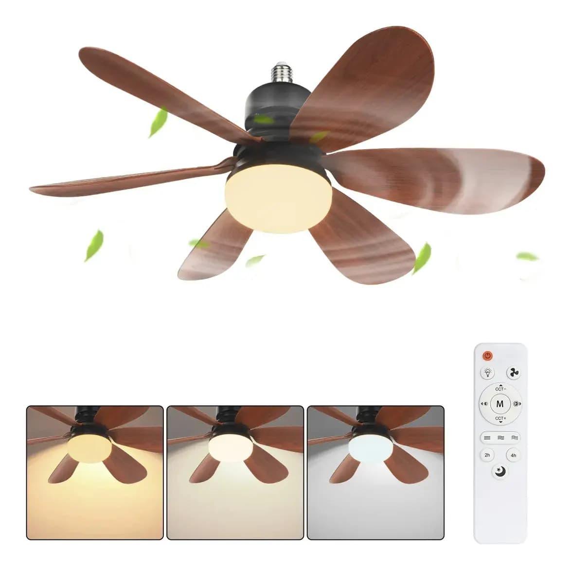Ventilador De Techo Con Luz Y Control Remoto E26 E27 52cm 5 Cuchillas Marrón 3 velocidades Cronometrado Silencioso