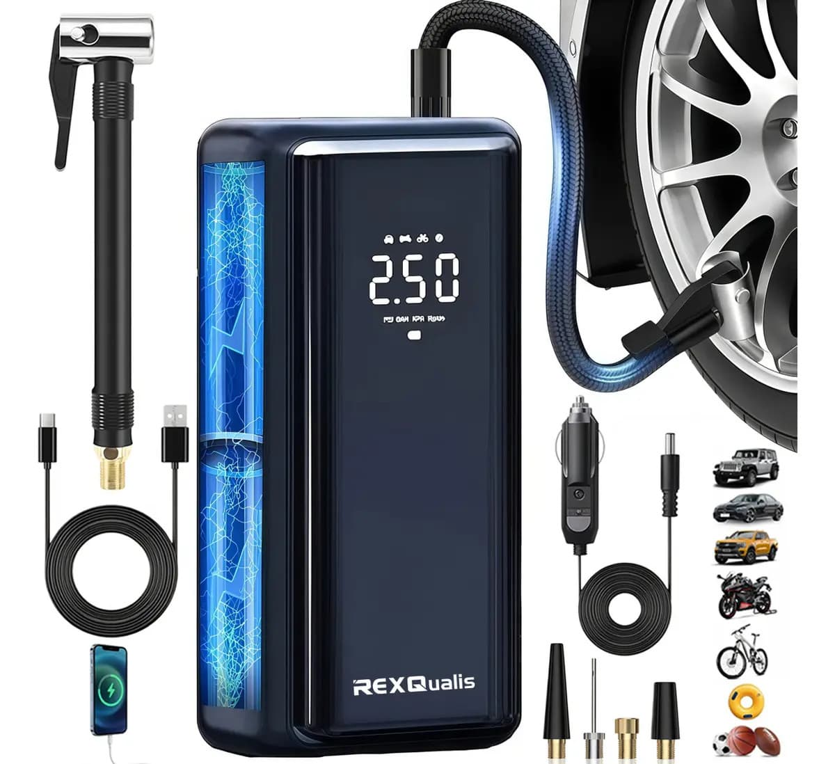 Compresor de Aire Portátil RexQualis Auto Llantas 150psi Power Bank 5400mAh Recargable Mini Compresor de Aire Auto para Carro Motocicleta