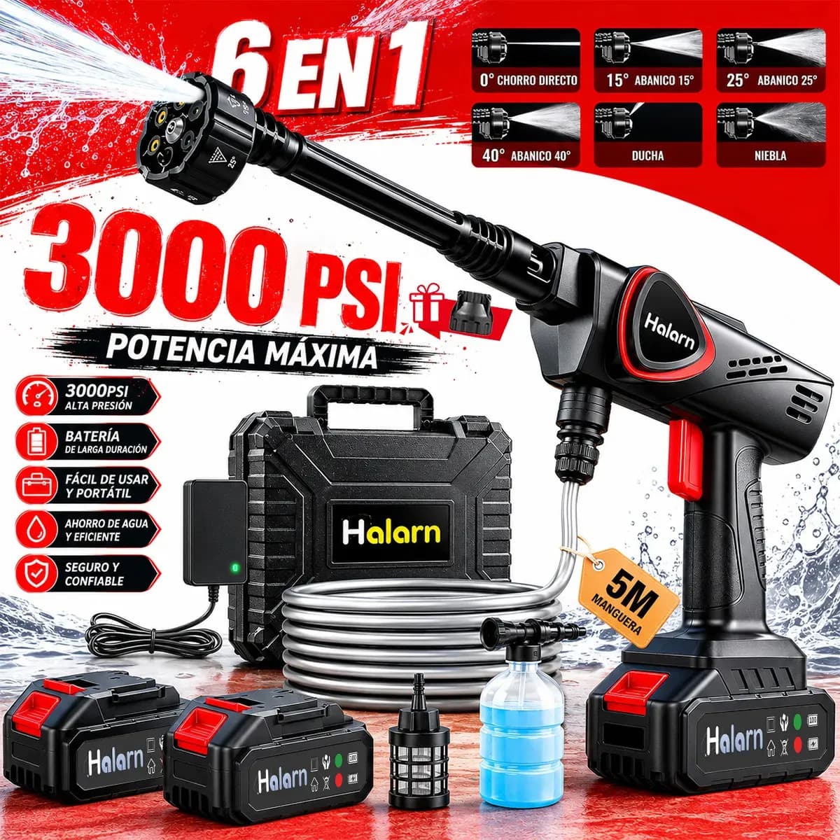 Hidrolavadora Inalámbrica Portátil HALARN, 6 En 1 Pistola Eléctrica Profesional De 3000 PSI 20.68 MPa 206.8 Bar 18L/min 1500W Con 2 * Baterías De 21V 7500mAh
