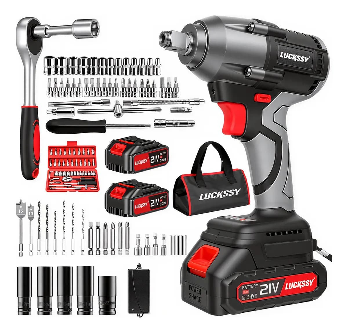 Llave de Impacto Inalámbrica LUCKSSY de 21V y 520Nm con Motor Sin Escobillas y Juego de Herramientas de 2 Baterías