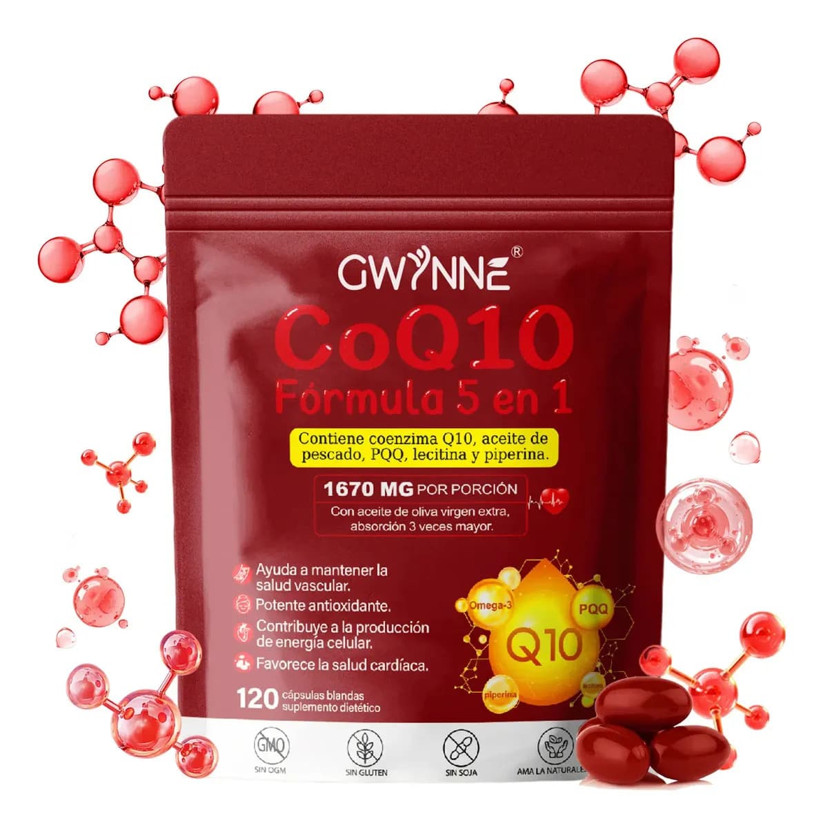 Gwynne Coq10 Cápsulas,120 Cápsulas,con Pqq,400 Mg Coq10 Y 1200 Mg Omega-3,salud Cerebral Y Cardíaca, Hígado,hueso Y Apoyo Antioxidante