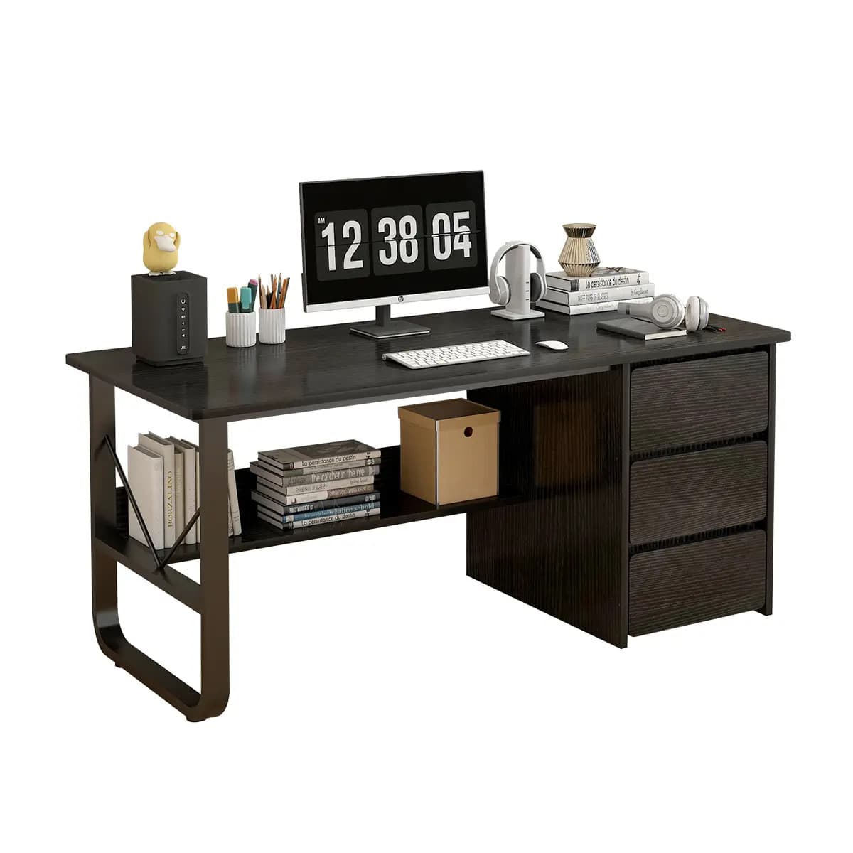Ambueco® Escritorios Minimalista Oficina De Computadora Con 3 Cajones 100*50*73.5cm Color De Sauce Negro