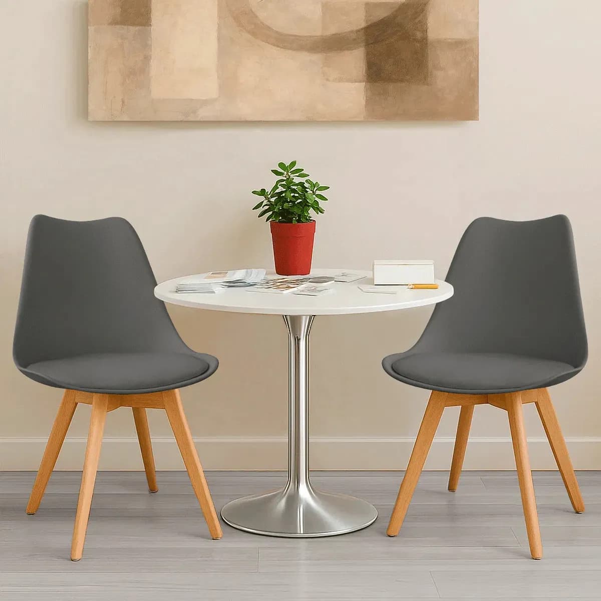 Set de 2 sillas Linium Tulip minimalista moderna comedor acolchonada estructura de la silla madera asiento gris oscuro