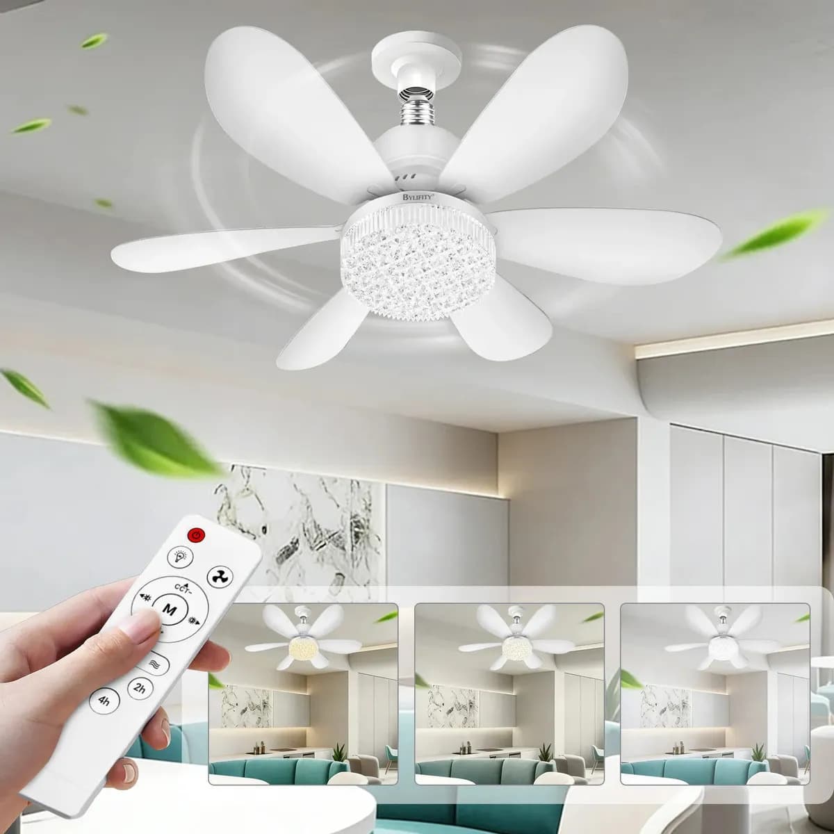 Bylifity Lámparas De Techo Con Ventilador, Apto Para E26/e27, 40w Con Mando A Distancia, Ventilador De Techo Con Luz De Cristal De 52cm Para Dormitorio, Salón, Estudio, Comedor, Oficina, Garaje
