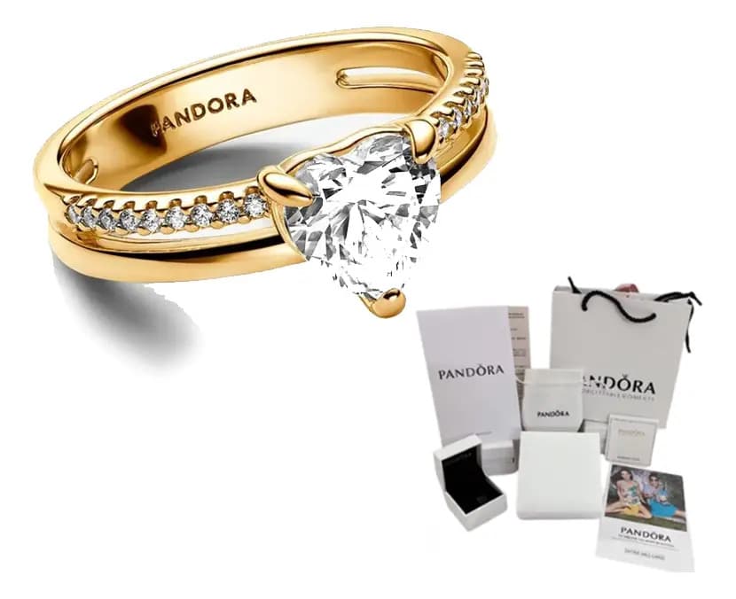 Anillo de Plata Pandora Corazón Bañado en Oro Para Pareja de Promesa y Compromiso Talla 8