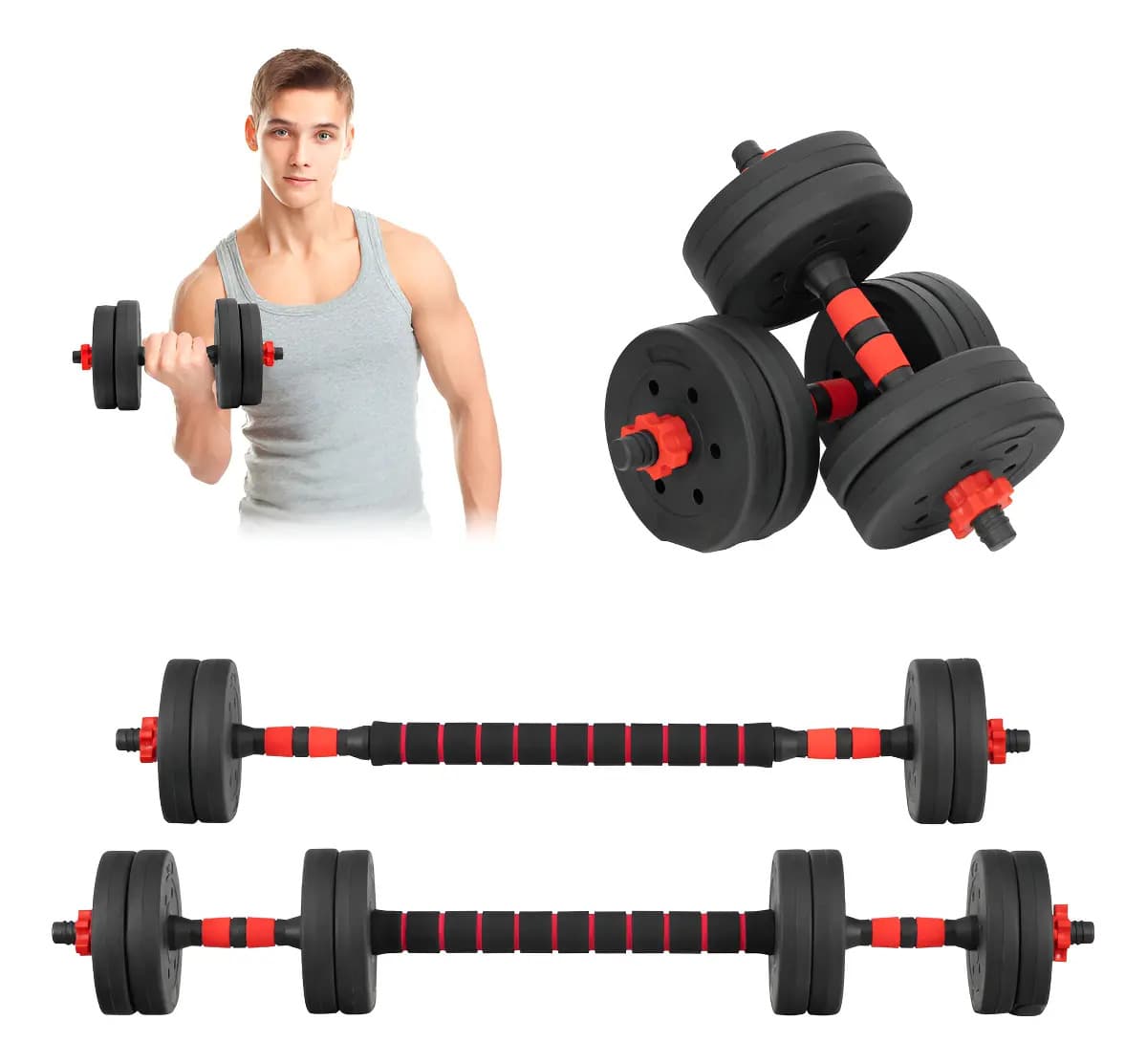 Set De Mancuernas Altera Hércules 18 kg Ajustables Barra Discos Pesas Ejercicio Color Rojo