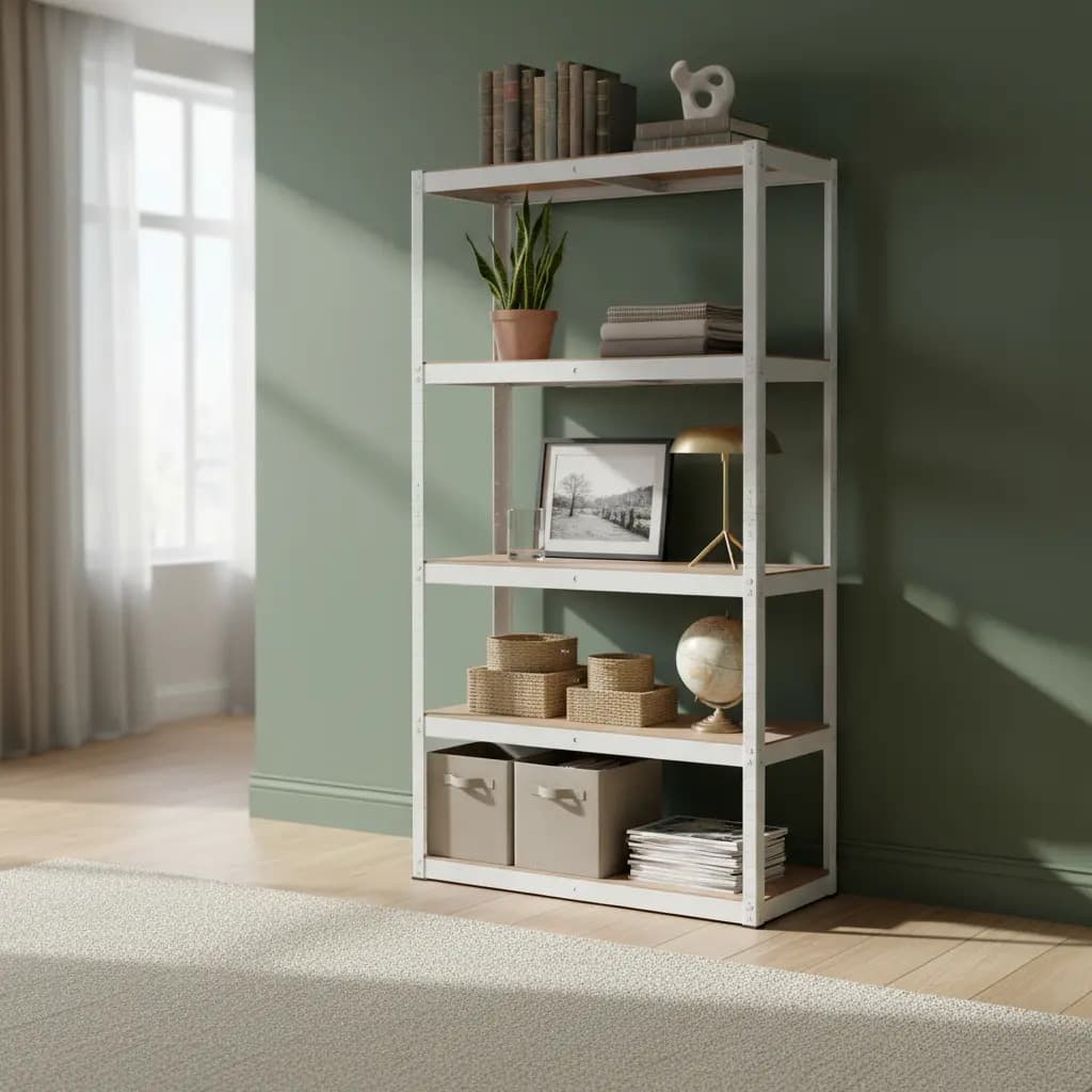 Estante Metálico Onof Esquinero 5 Niveles Blanco MDF 180x90x127 cm