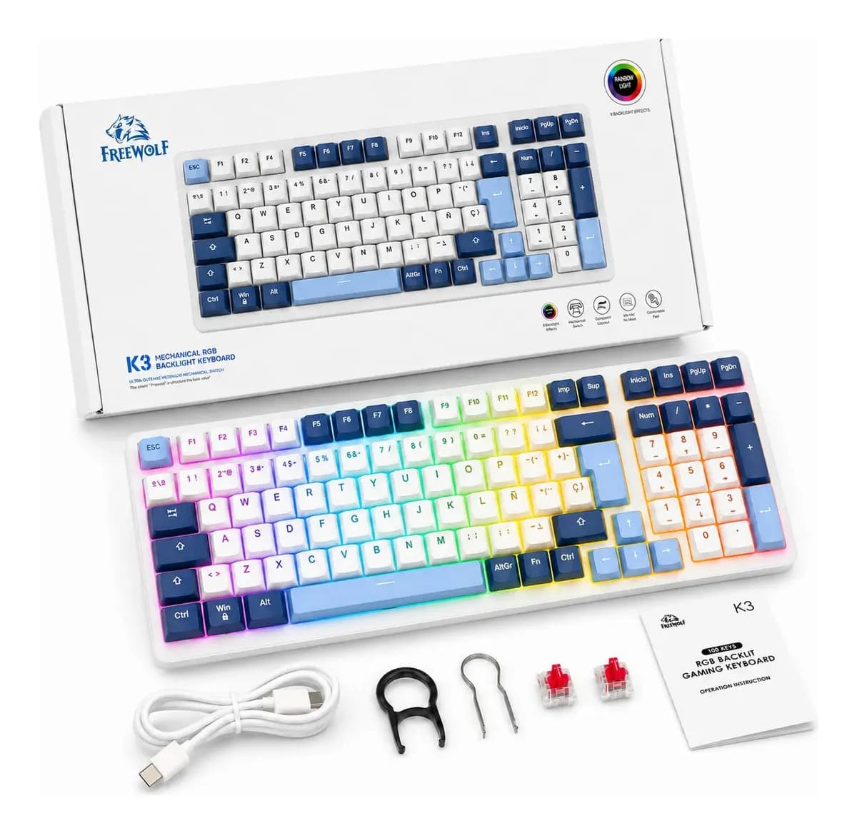 Teclado Mecánico Gamer Español con Ñ 100 Teclas RGB Hot Swap Free Wolf K3 Teclado USB Switch Rojo Teclado Alambrico para Gaming y Escritura, Blanco