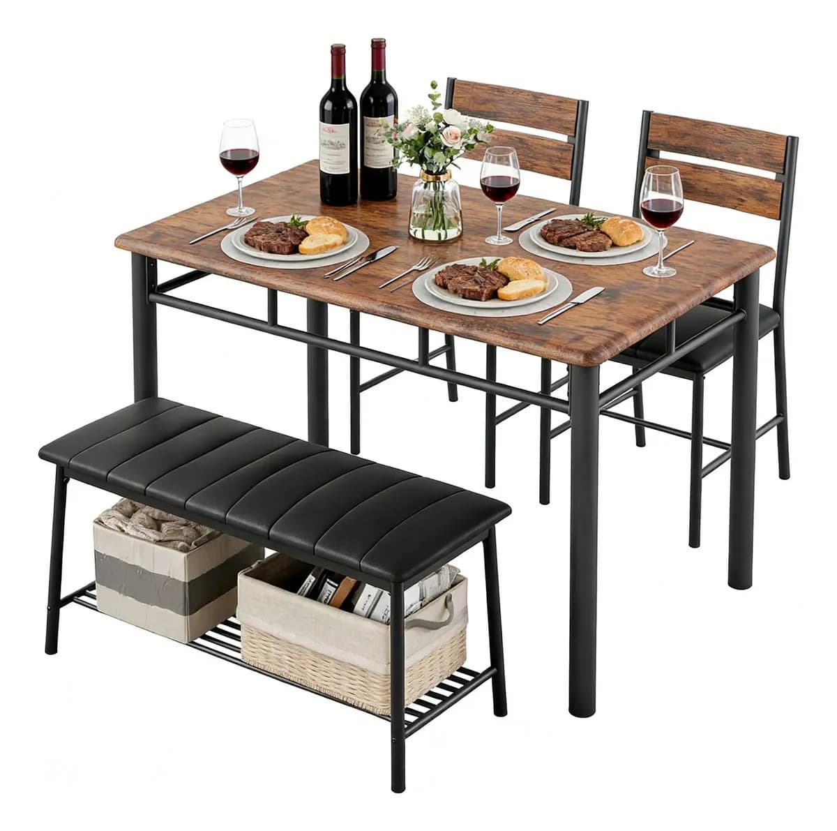 Juego de Comedor 4 Personas Cuero con Banco y Sillas, Mueble para Hogar