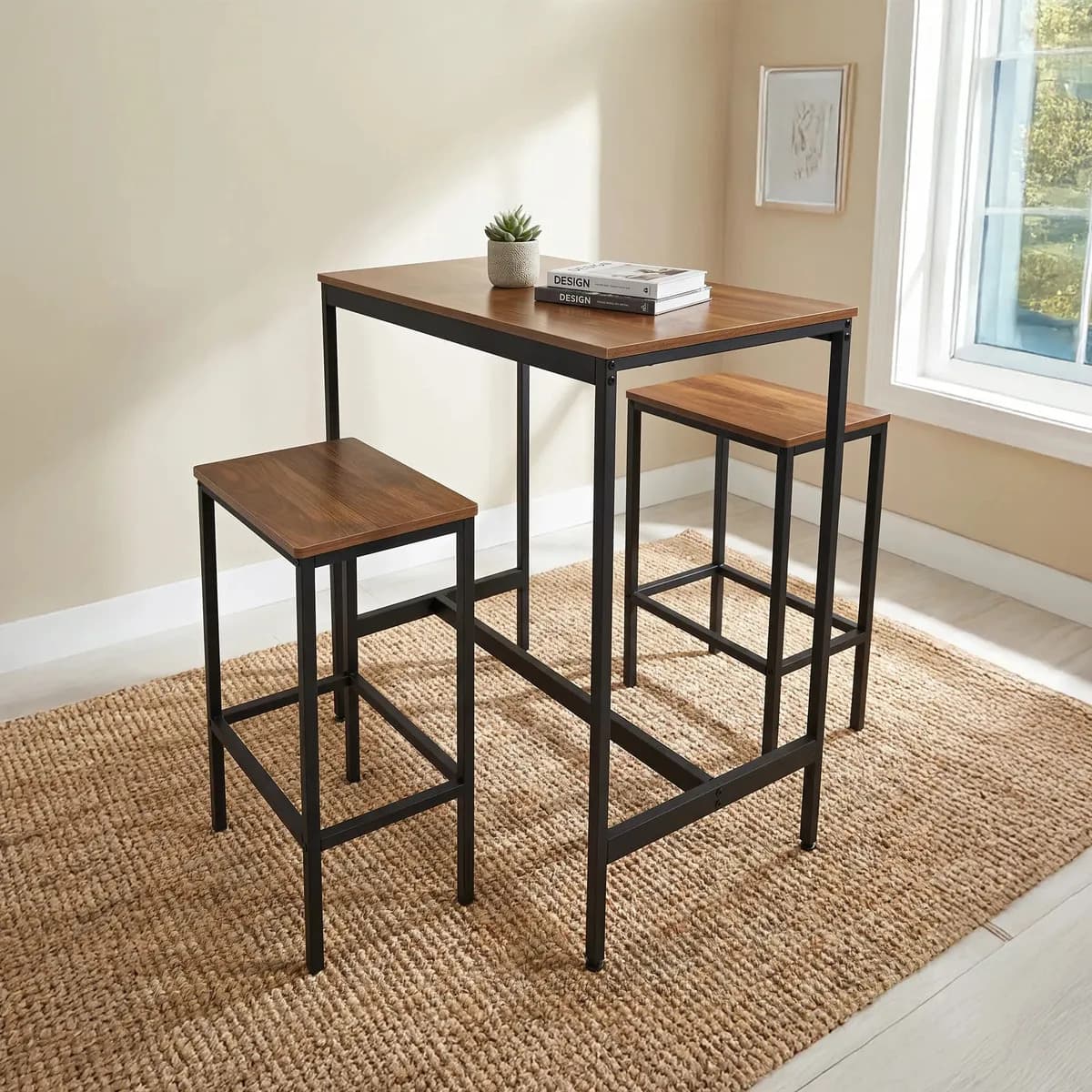 Mesa Alta Barra De Cocina Mueblana Madera 2 Bancos 80cm Marrón Oscuro Negro