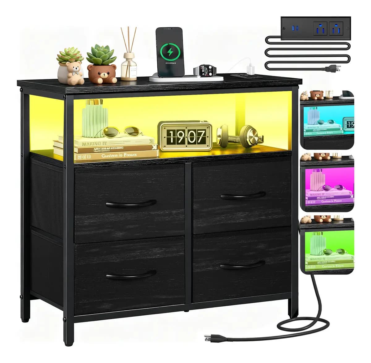 Cómoda Cajonera con 4 Cajones de Tela, Enchufes y Luz LED RGB