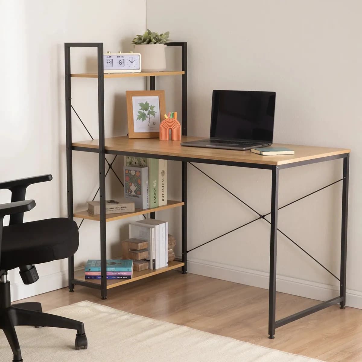 Escritorio Oficina Desk-4 para computadora estilo industrial 120cm X 122cm X 60cm color madera Café Claro y Negro