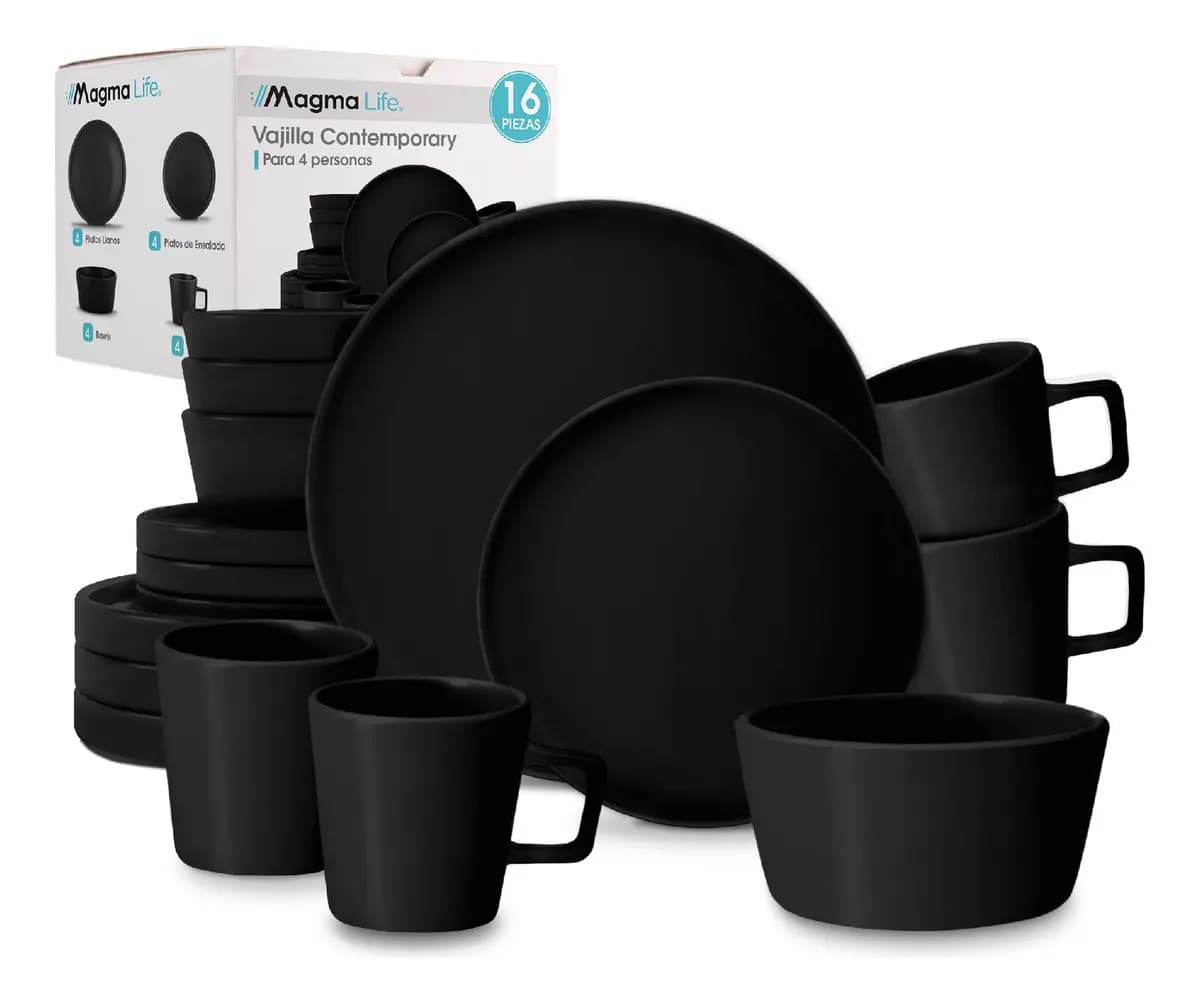 Magma Life Vajilla Moderna Para 4 Personas De Ceramica/stoneware 16 Piezas: 8 Platos Extendidos, 4 Tazones Y 4 Tazas De 12 Oz Resistente A Temperaturas, Lavavajillas Y Microondas Color Negro Mate