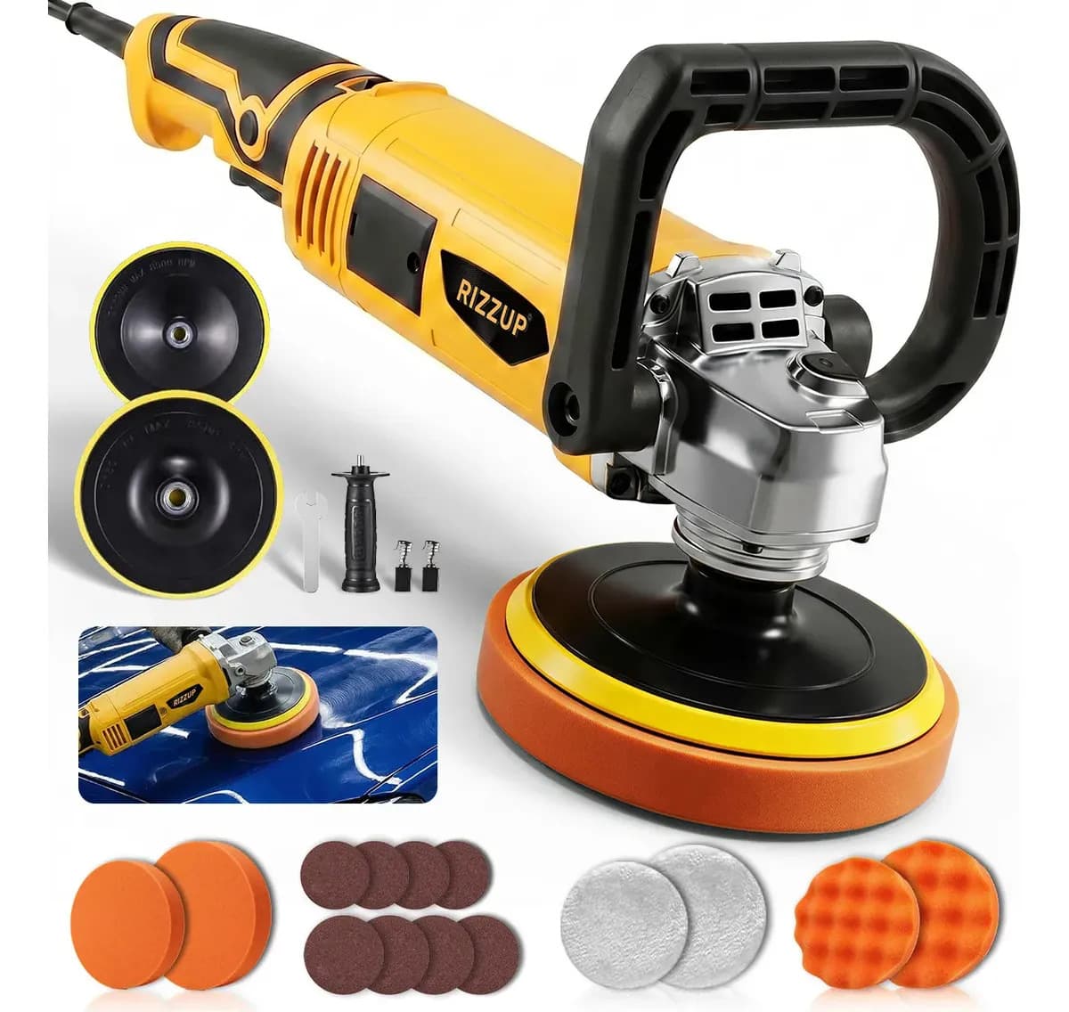 Rizzup Kit De Pulidora Lijadoras Profesional Máquina Eléctrica Para Autos Velocidad Ajustable 6 Y 7 PuLG Accesorios 22pzs 1500w 1000-4500rpm