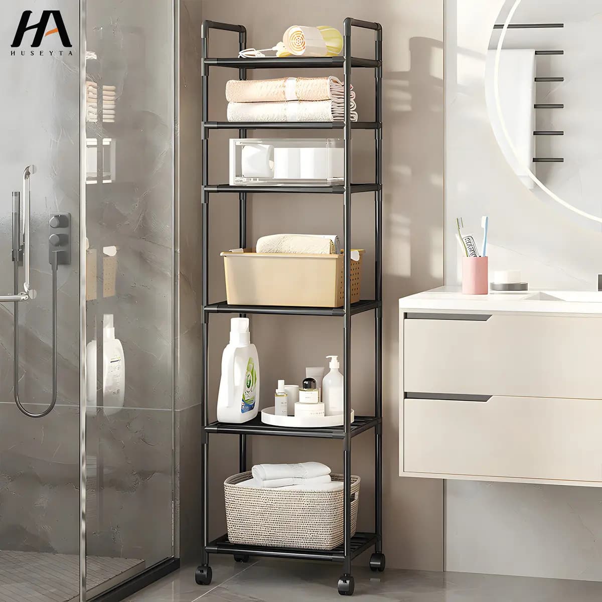 Estante Organizador Metálico De 6 Niveles De Cocina Baño Color Negro HUSEYTA