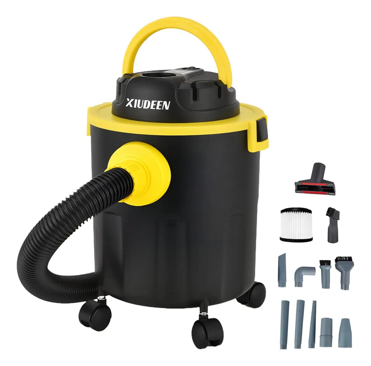 Aspiradora Portátil Seco/Soplo 3HP, Filtro HEPA, 12L con Ruedas- Aspiradora para Auto y Hogar Incluye 11 Accesorios para Auto, Hogar, Taller y Alfombras