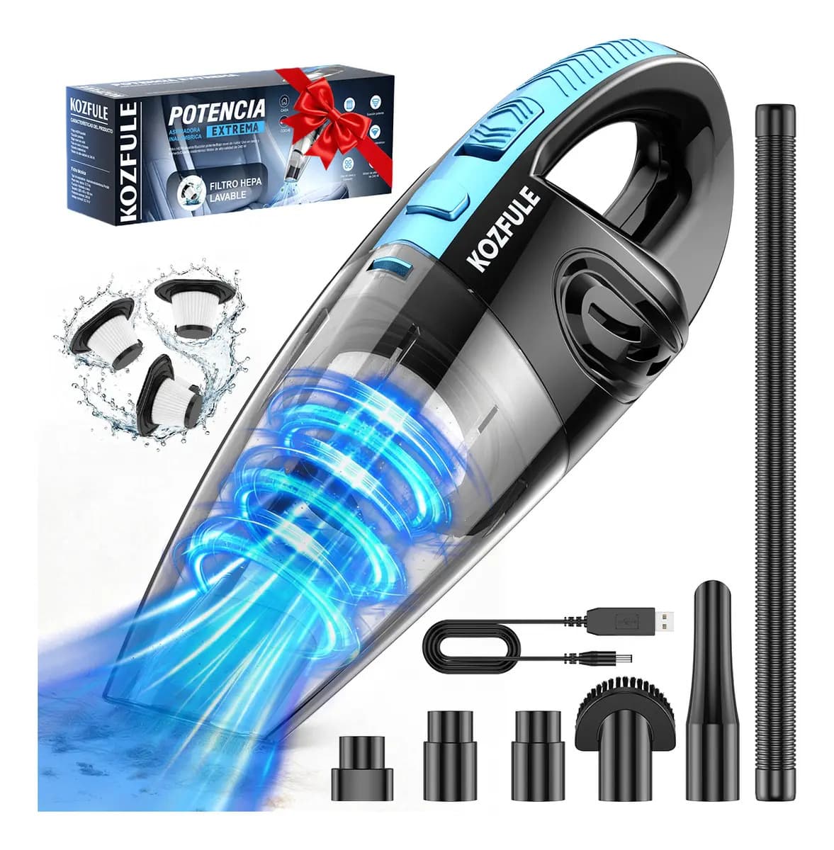 Aspiradora Inalámbrico De Mano Portátil KOZFULE Con 3 Filtros Lavables 240W 60000Rpm 12000Pa 6 En 1 6000mAH Para Hogar Y Auto Y Oficina Aspiradora De Mano