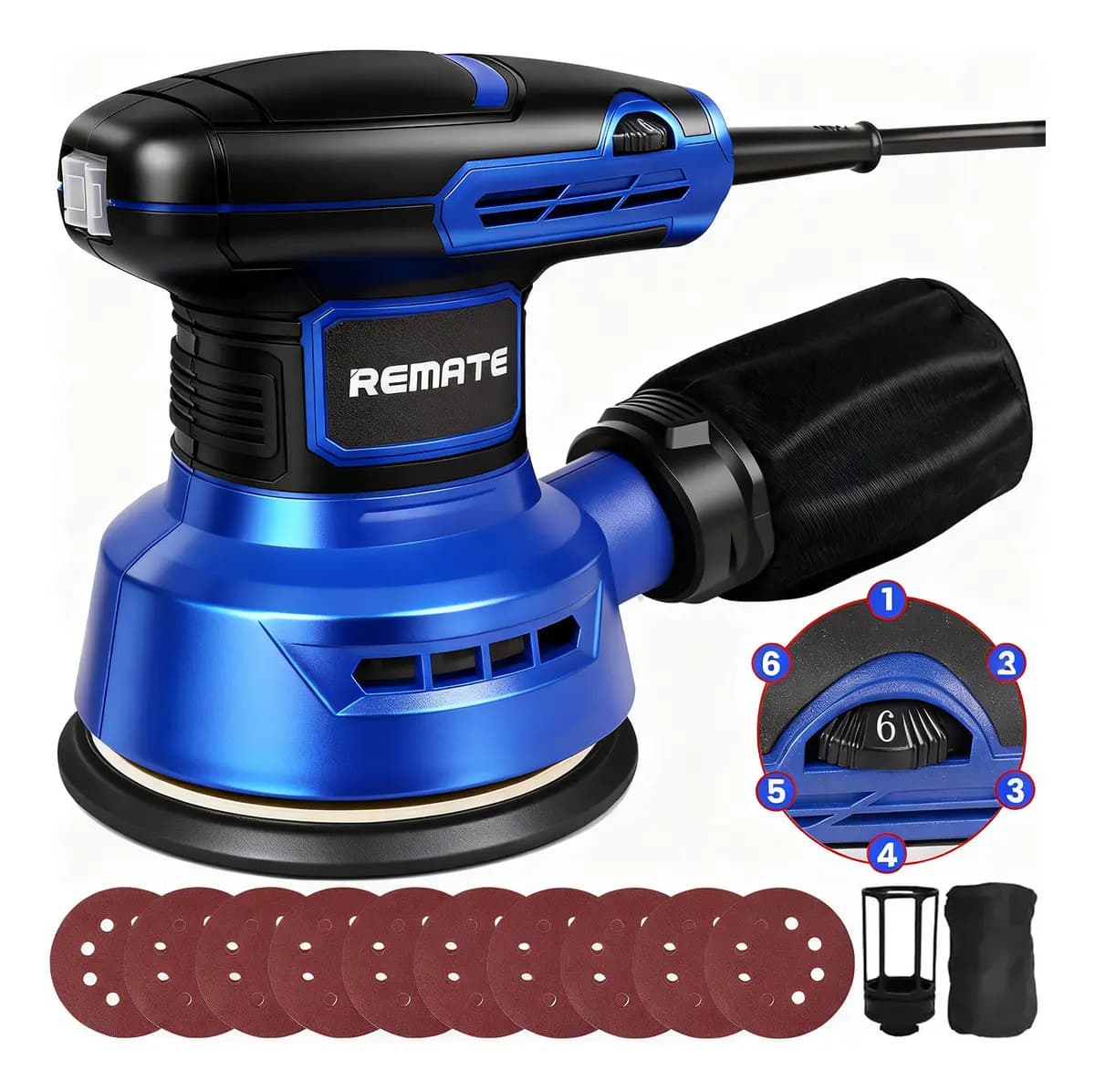 Lijadora Orbital Para Madera 300W, 6 Velocidades 13000 RPM, 10 Hojas De Lija, Con Colector De Polvo, Lijadora Rotorbital Eléctrica Para Carpintería Lijado Y Pulido