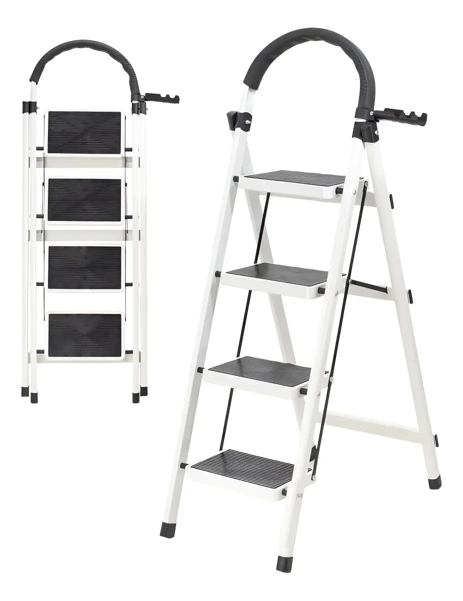 Escalera Acero Tijera Tubular 4 Peldaños Plegable Portátil Selectshop Color Blanco