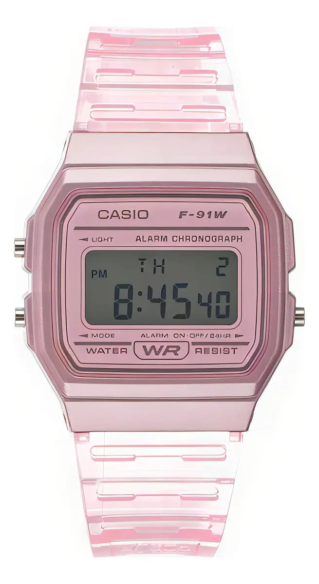 Reloj Casio F91ws Skeleton Unisex Vintage Colores Facturado Color Del Fondo Rosa Chicle Color De La Correa Rosa Chicle Color Del Bisel Rosa Chicle