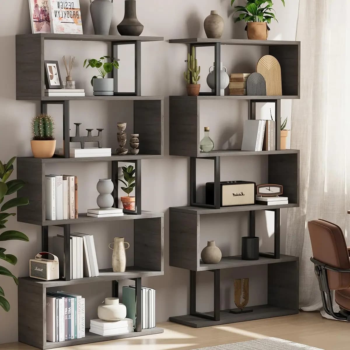 Librero Simple De Madera En Forma De S Bibloteca Minimalista Color Gris Oscuro