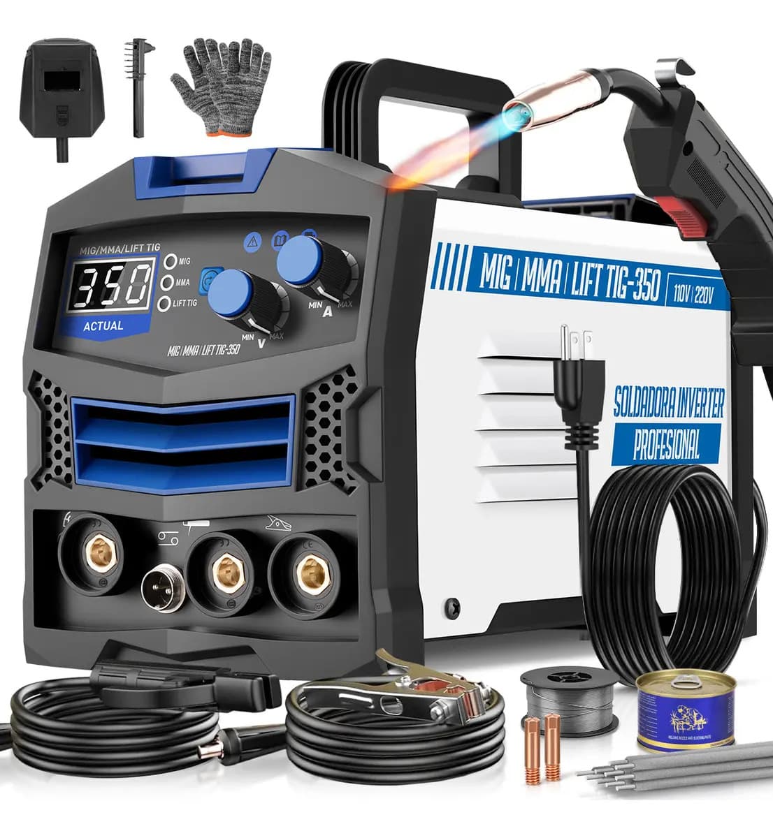 Soldadora Inverter 350a Máquina De Soldar Mig+mma+tig 110v/220v FAGHTO Soldadora Inversora 3 En 1 Sin Gas, Pantalla LED Grande, Soldadora De Núcleo Fundente MIG, Lift TIG, Electrodo, IGBT con Synergy