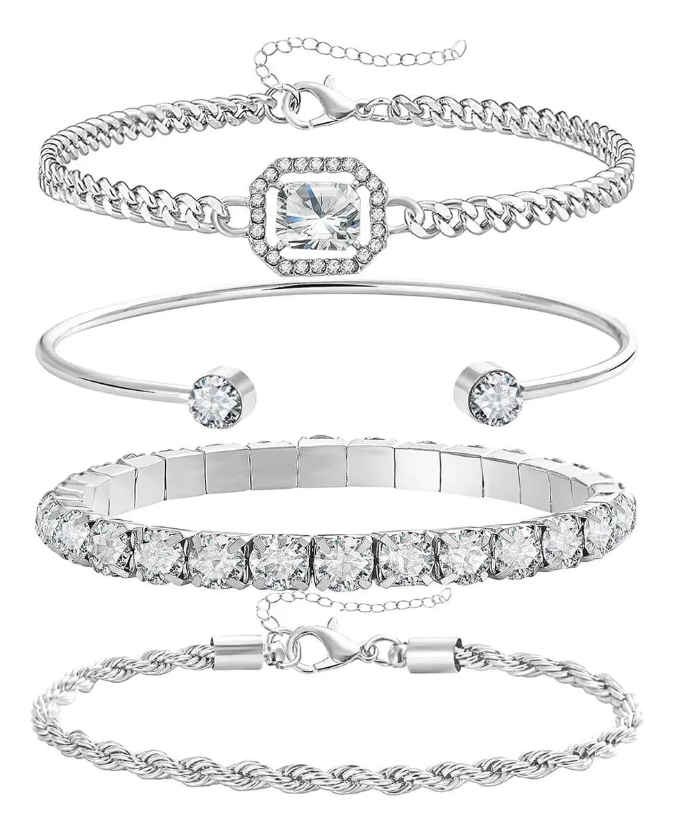 KUOAEAYE 4pzs Pulseras plata para mujer,joyeria plata dama,Brazalete ajustable.regalo De Aniversario.regalos Para Mujeres,Novia,Mamá,pareja.
