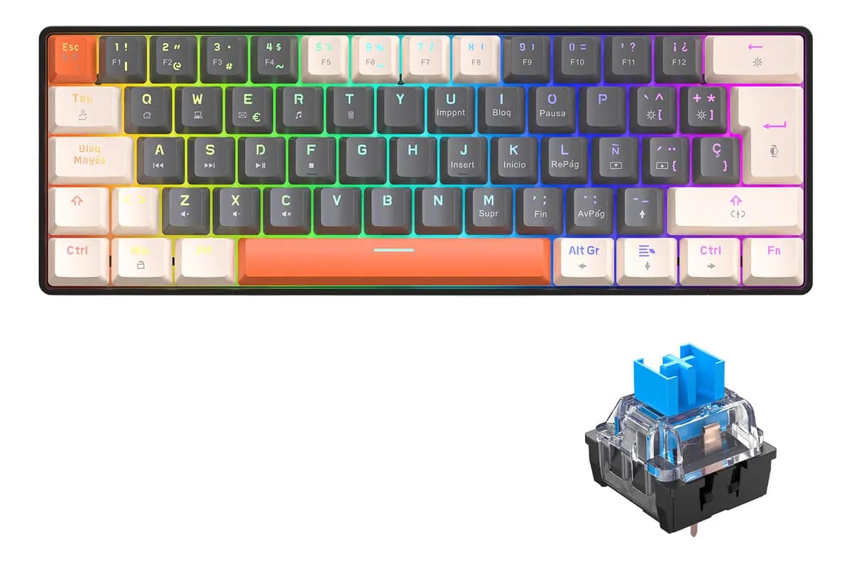 Free Wolf T60 60% Teclado Alámbrico mecánico Español, 62 Teclas Anti-ghosting, Retroiluminado Full-RGB, Teclado Programable de Hot Swap, Teclado Gamer Con Cable Conectado Tipo C, Eje Verde