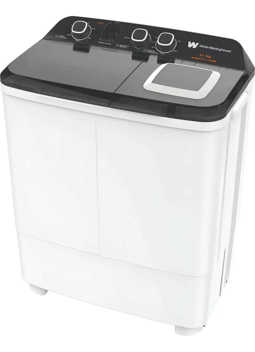 White Westinghouse Lavadora Semiautomática Capacidad 11Kg Doble Tina, Centrifugado, Tapas Transparentes, Patas Removibles, Anti-plagas, Gabinete plástico anti-óxido Modelo WWXCTT11703BK