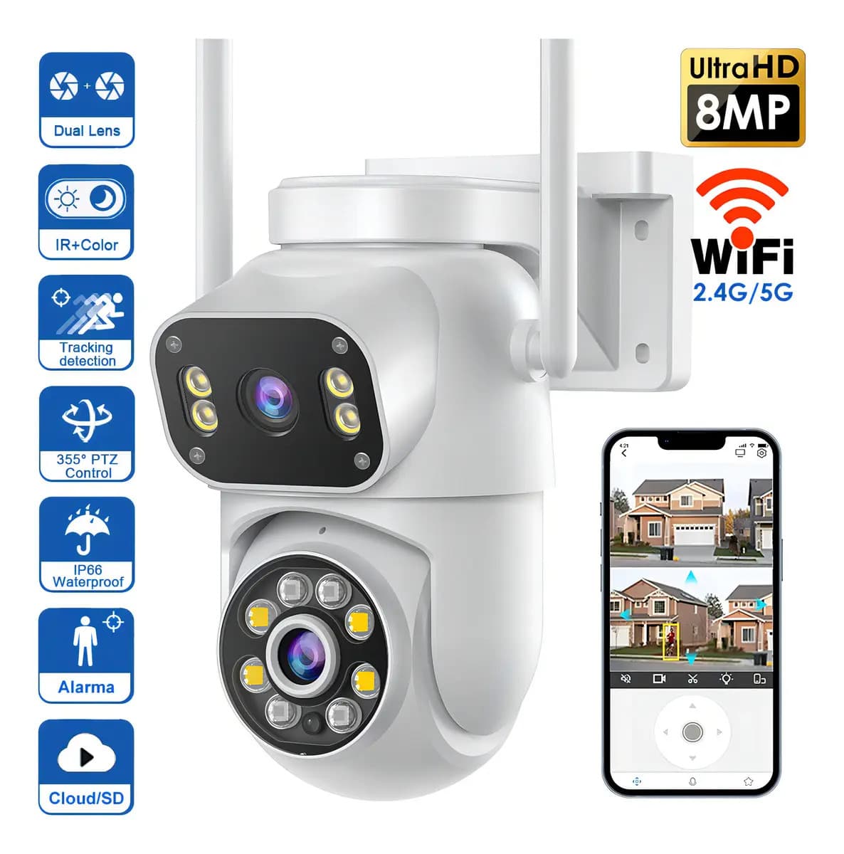 Cámara Vigilancia Exterior MVPsmart DQ8 360° PTZ WiFi 8MP Full HD - Alarma Sonora/Luz, Detección Movimiento,Visión Nocturna IP66, 10X Zoom, 2 Vías Audio, SD/Almacenamiento Nube,Instalación Súper Fácil