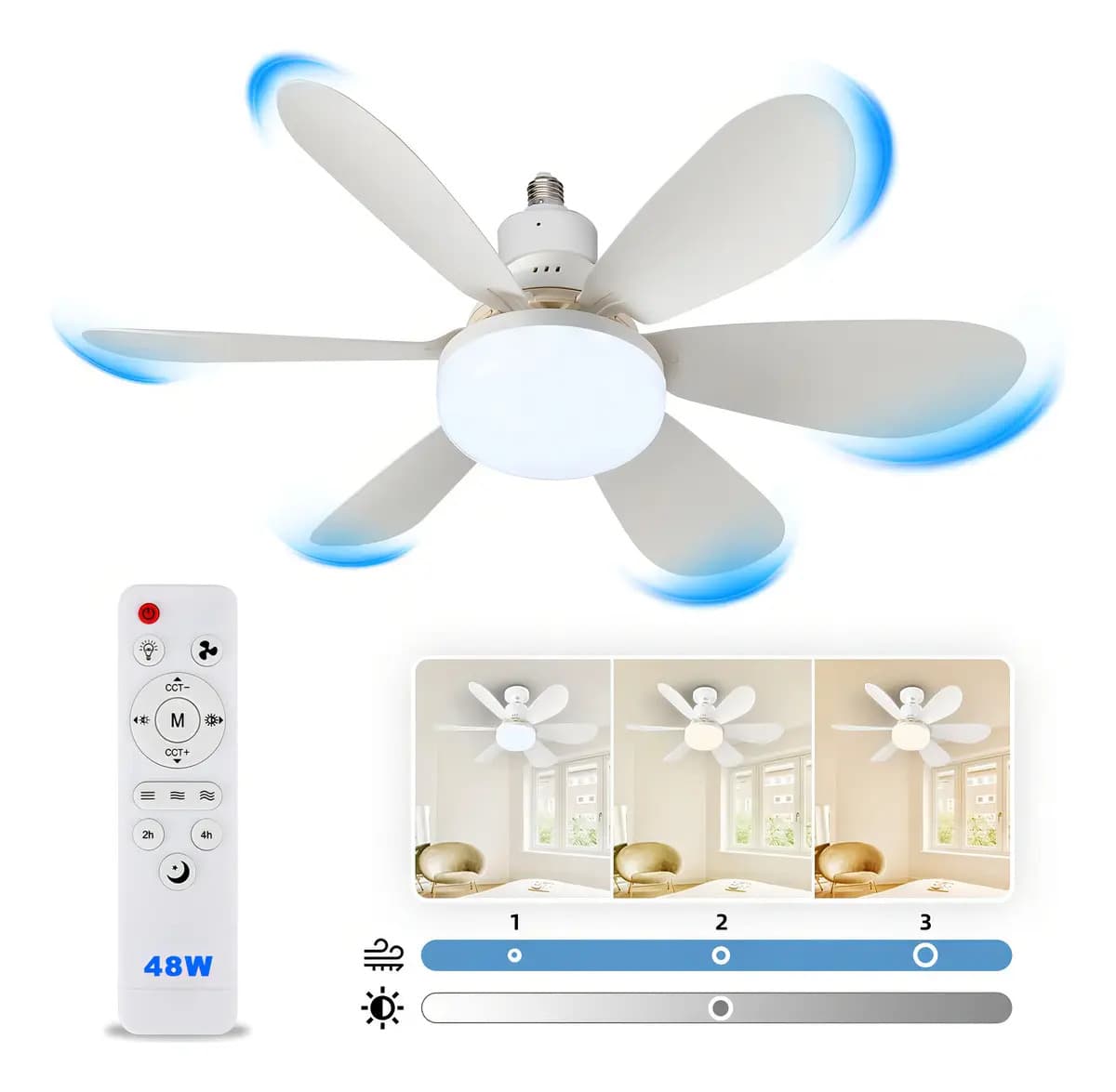 Cozylady Lámpara De Ventilador Led 48W E26 20.5'' Ventiladores De Techo Cantidad De Aspas 6 Estructura Blanco Aspas Blanco Diámetro 52 Cm Frecuencia 60hz Material De Las Aspas Plástico