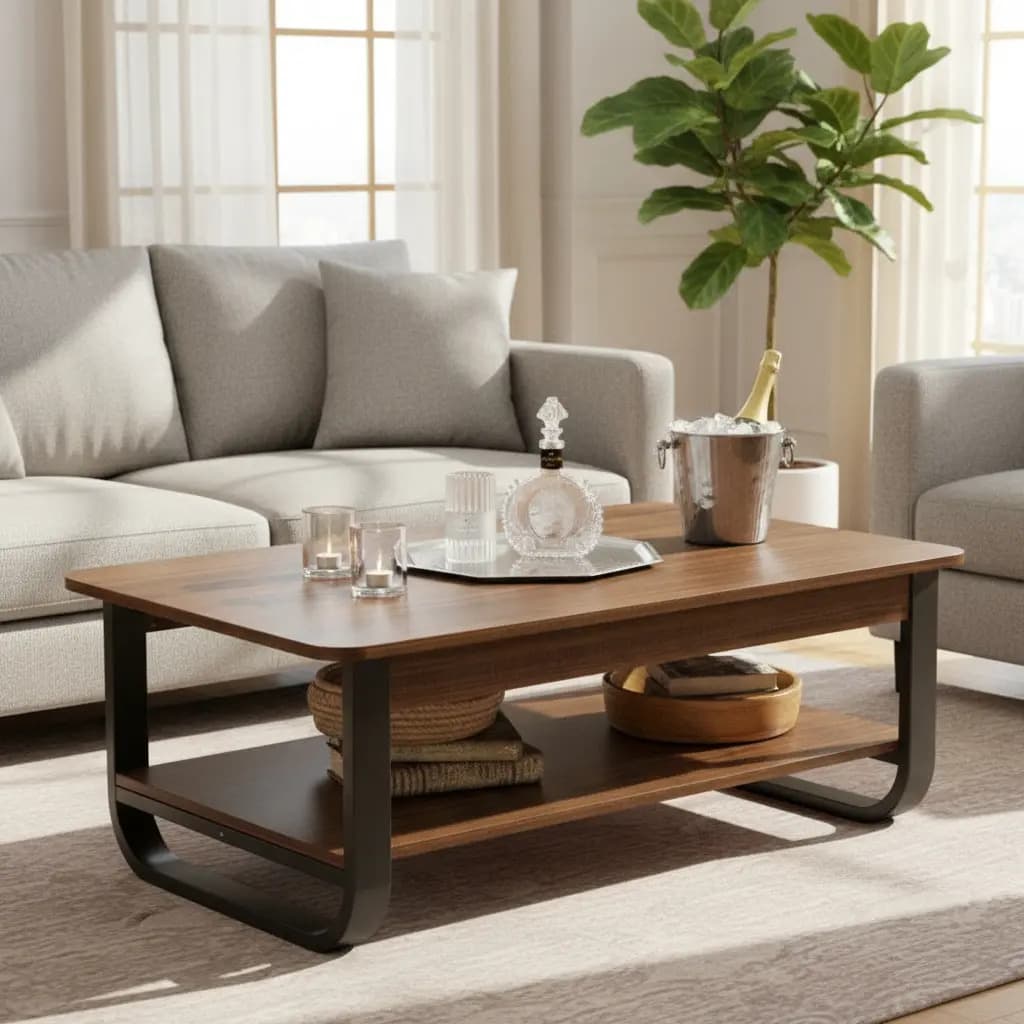 Mesa de Centro Cuadrada Moderna de Madera, Marrón con Estructura de Metal