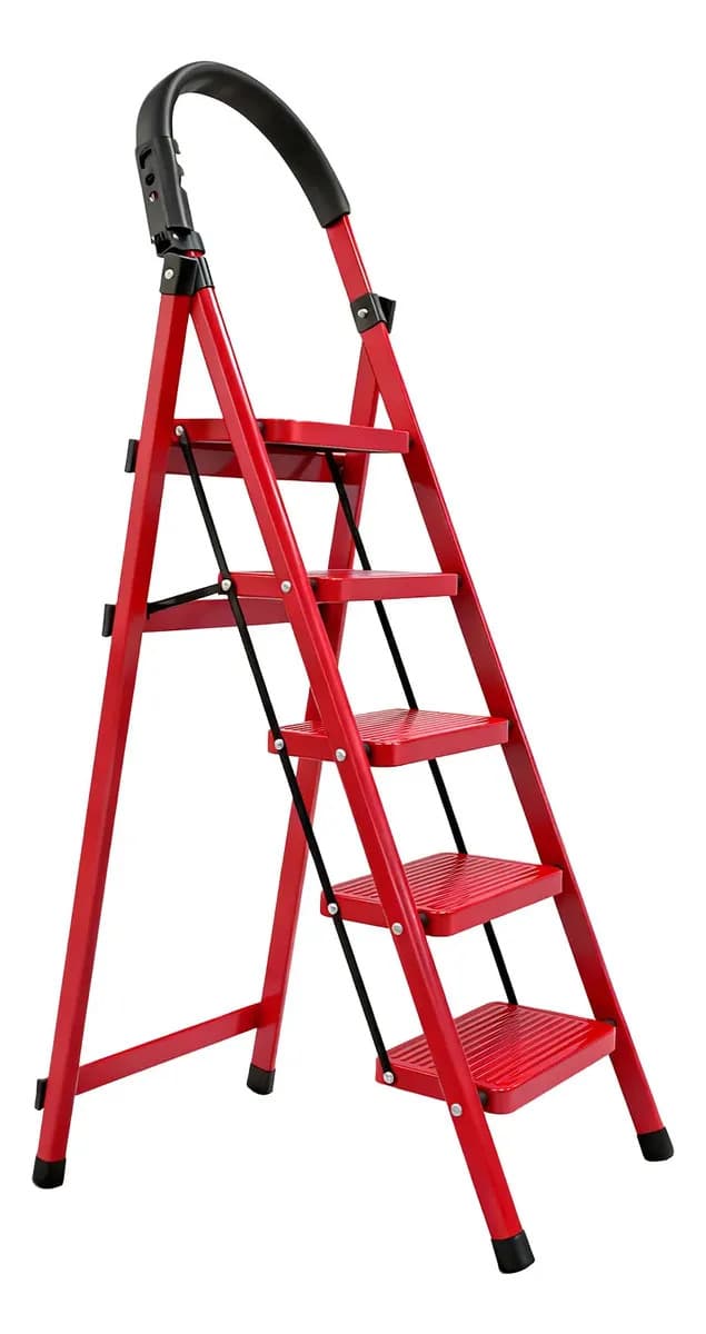 Escalera Tijera Plegable 5 Peldaños / 5 Escalones Tipo Tijera - Acero Tubular Color Rojo, Portátil Y Resistente Para Hogar, Trabajo, Construcción Y Uso Doméstico Profesional - Surpday