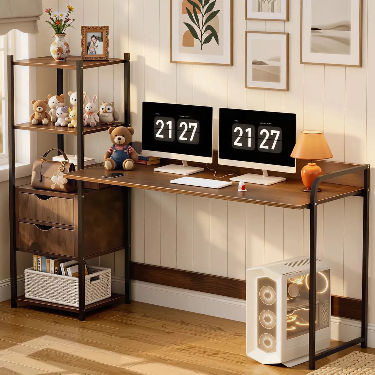 Furrific® 120cm*40cm*110cm Escritorio de Computadora, Oficina con 2 Cajones y 4 Niveles de Repisas,Escritorio Minimalista y Modernos,Mesa para Computadora,Adecuado para el Hogar y la Oficina