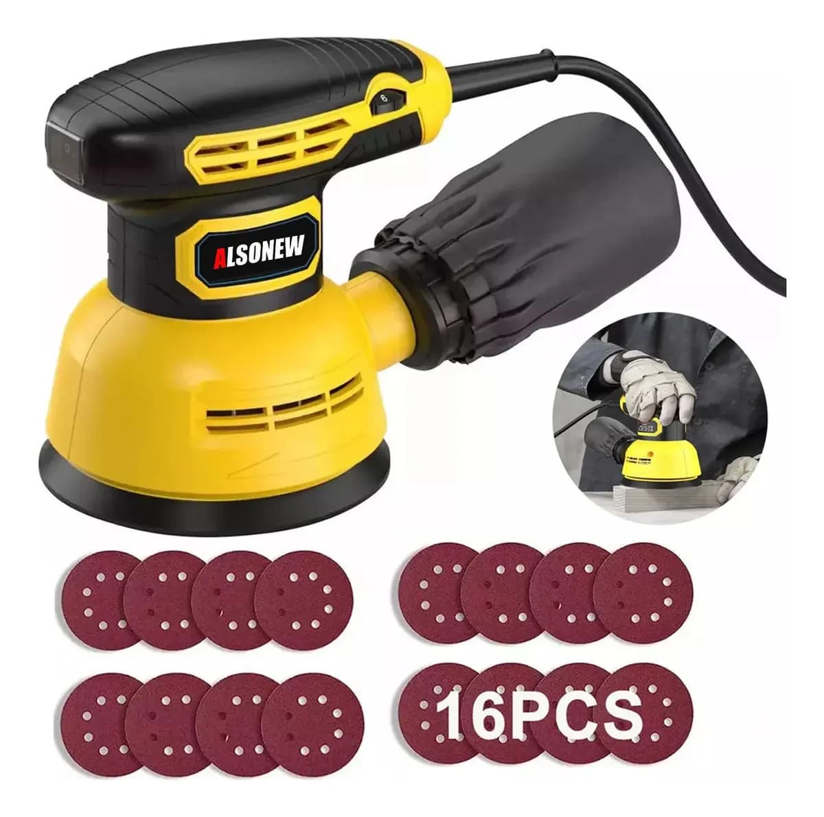 Lijadora Orbital 500w 13000opm 6 Velocidad Con 16 Papel Lija Color Amarillo