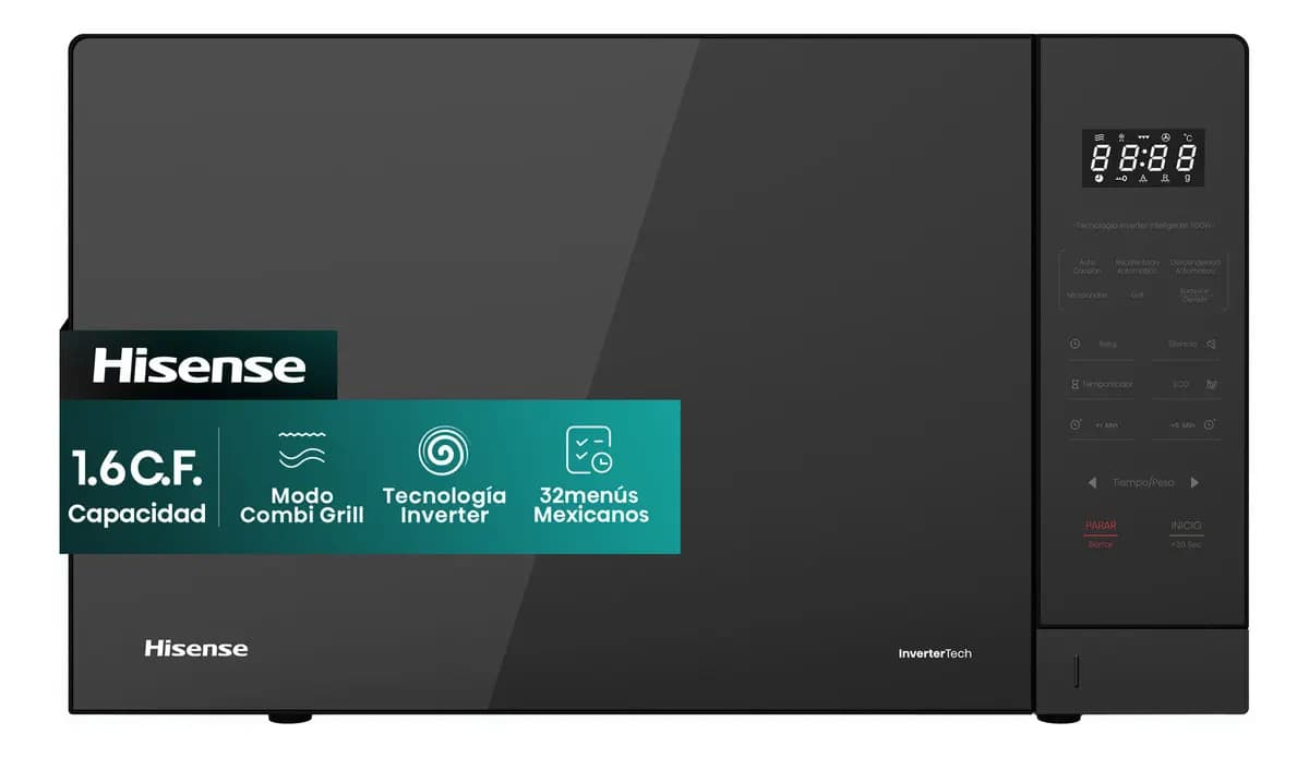 Hisense 1.6 C.F. Capacidad, Modo Combi Grill, Tecnología Inverter, 32menús mexicanos preestablecidos, Cristal De Seguridad, Revestimiento Cerámico, ECO y Mute, Espejo Negro, HMMG4211BMVG