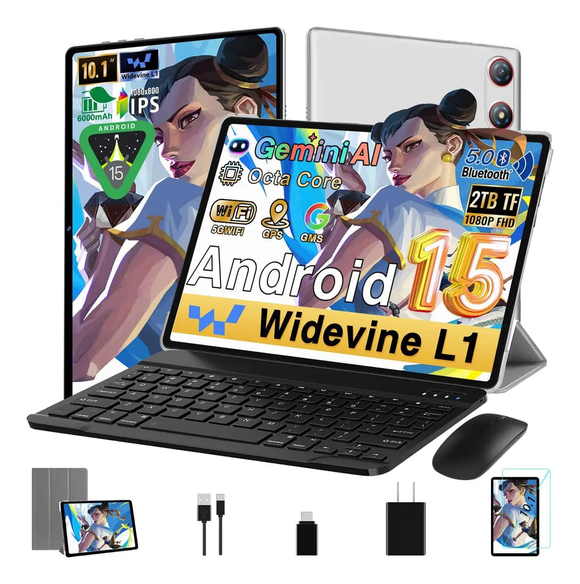 Tablet Android 15 10,1 Con Gemini Ai, 30 GB De Ram 2TB TF, 8 Núcleos, Facial Id,GPS, Tableta Pantalla Ips Hd Wifi 5g, Función De Pantalla Dividida, Widevine L1 3 En 1 Tablet Con Teclado,ratón-Plateado