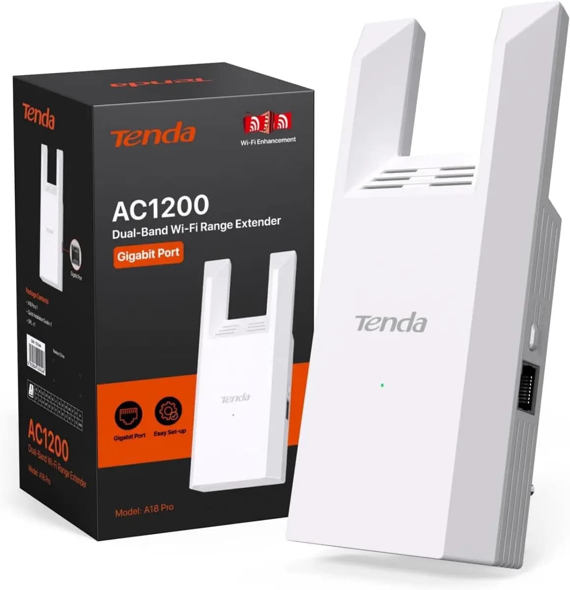 Repetidor Wifi 5 Ac1200 Tenda A18 Pro, 1200mbps, Extensor De Señal Rompemuros, Doble Banda 5ghz/2.4ghz, Puerto Gigabit