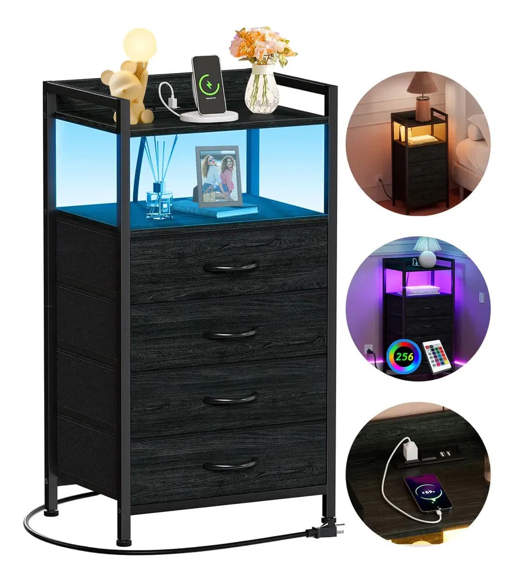 Buro Night Table FURRIFIC Cord Wood Noche Moderna For Recamara con RGB Luz Led Estación de Carga y 4 Cajones de Telay,Color Negro