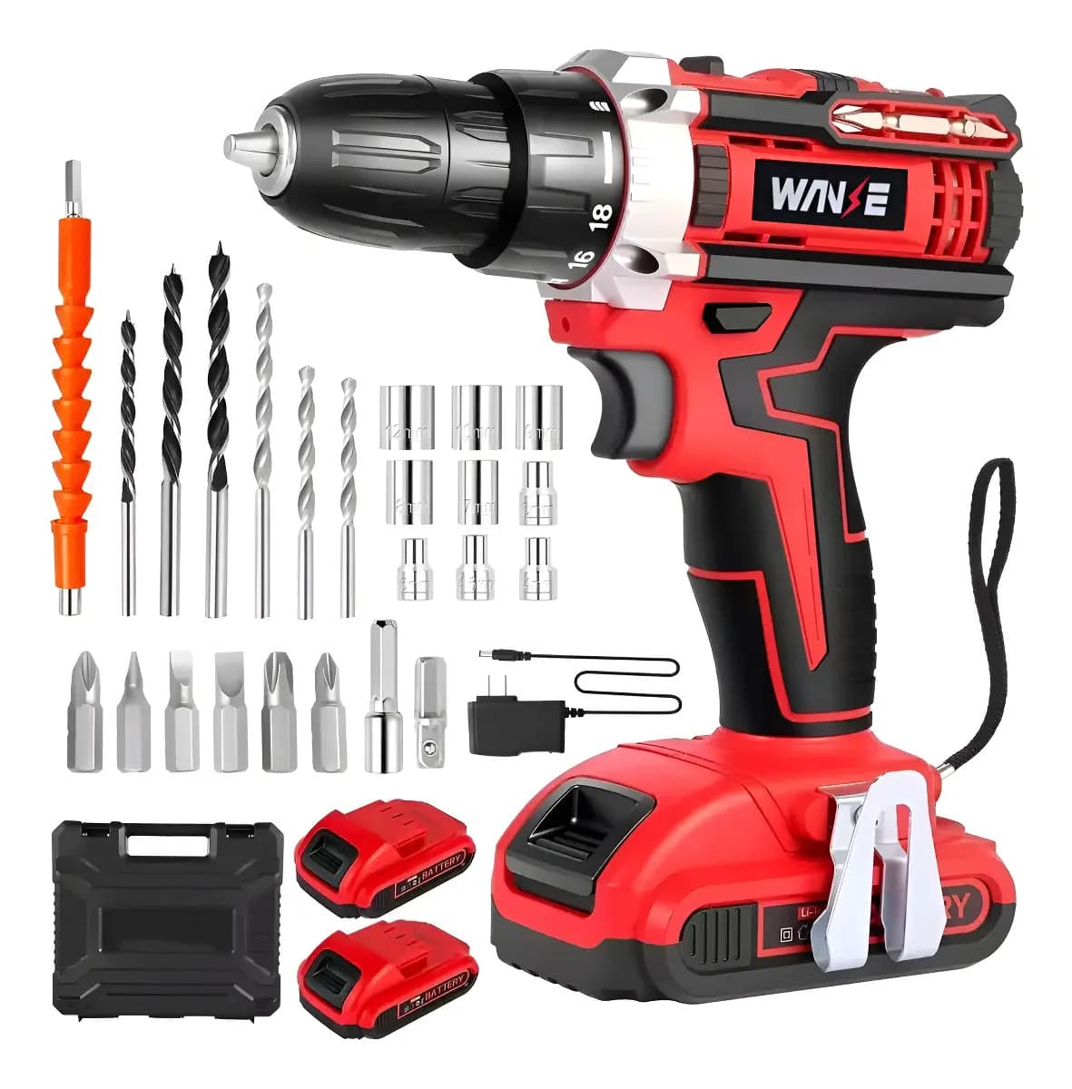 Kit Desatornillardor Electrico Taladro Inalámbrico 2 Batería Wanse Rojo