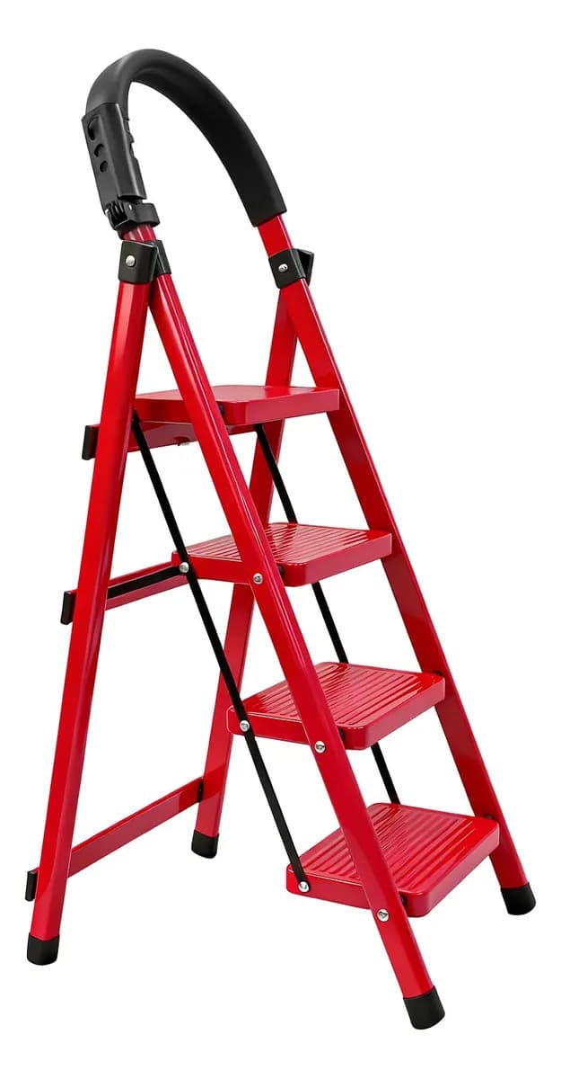 Escalera Tijera Plegable 4 Peldaños / 4 Escalones Tipo Tijera - Acero Tubular Color Rojo, Portátil y Resistente para Hogar, Trabajo, Construcción y Uso Doméstico Profesional - Surpday